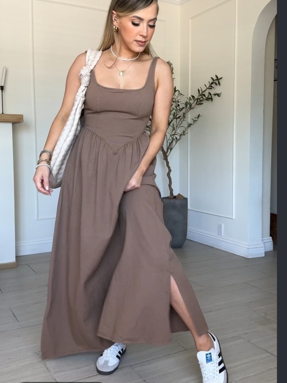 Showpo Taupe Brown Sleeveless Maxi Dress with Square Neck